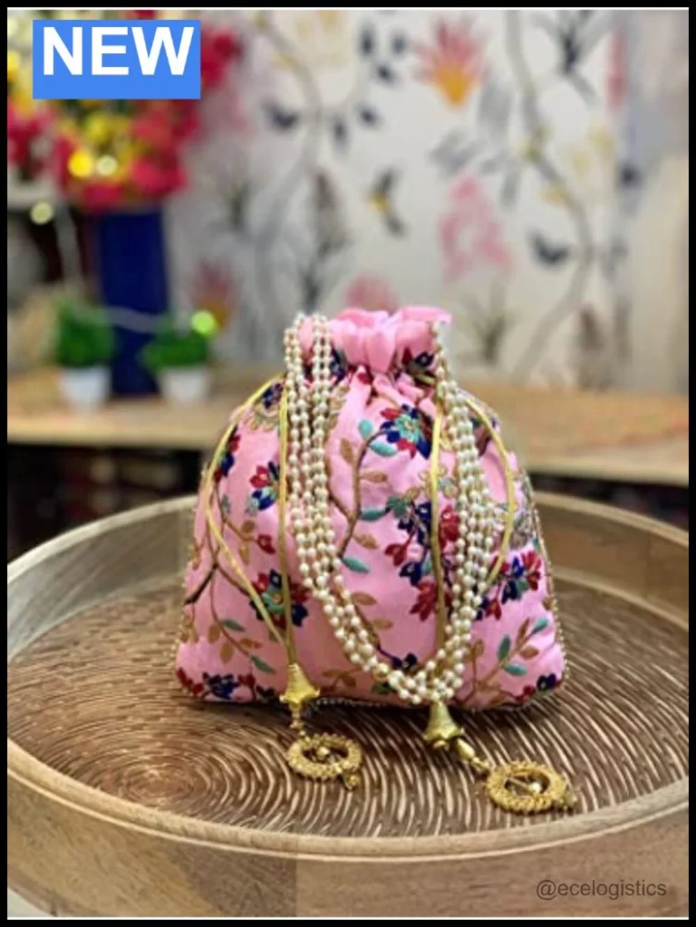 Handmade Embroidered Silk Potli Bag Pearl Handle Drawstring Clutch for Weddings